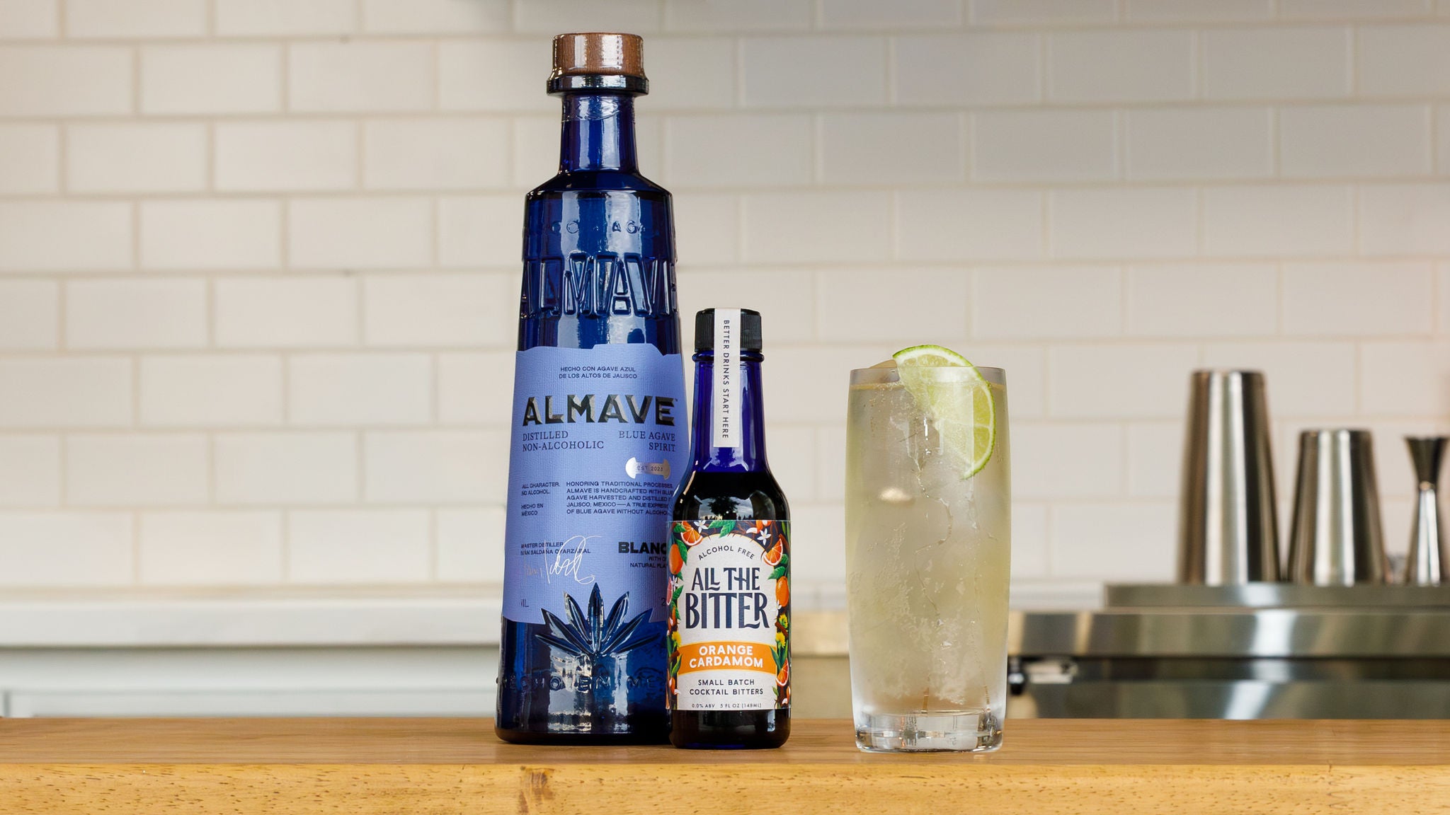 Photo of a non-alcoholic version of the popular "Ranch Water" cocktail made with Almave blanco non-alcoholic tequila and orange bitters.