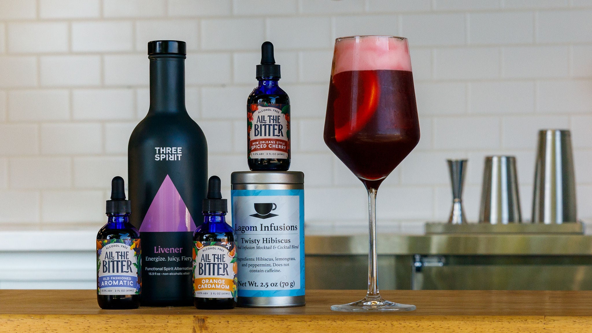 Picture of nonalcoholic sangria mocktail made with All The Bitter, tart cherry juice, grapefruit, and hibiscus.