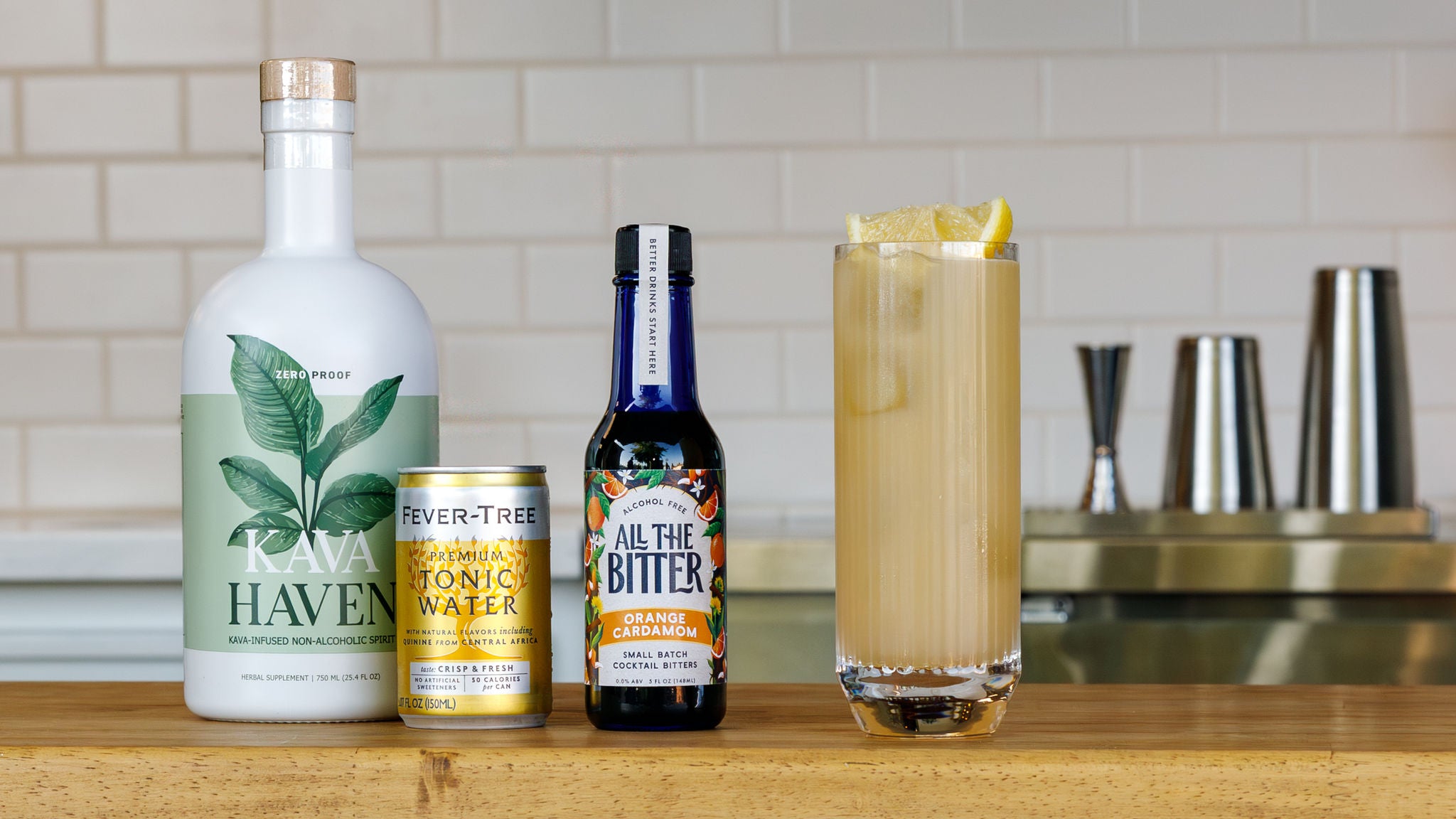 Images of a non-alcoholic highball made with Kava Haven, All The Bitter Orange bitters, and tonic.