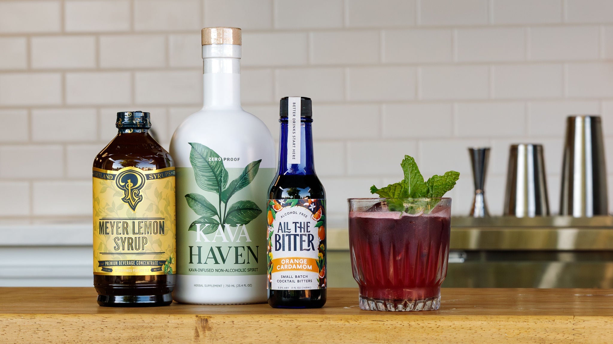 non alcoholic kava mocktail with blackberry and yuzu