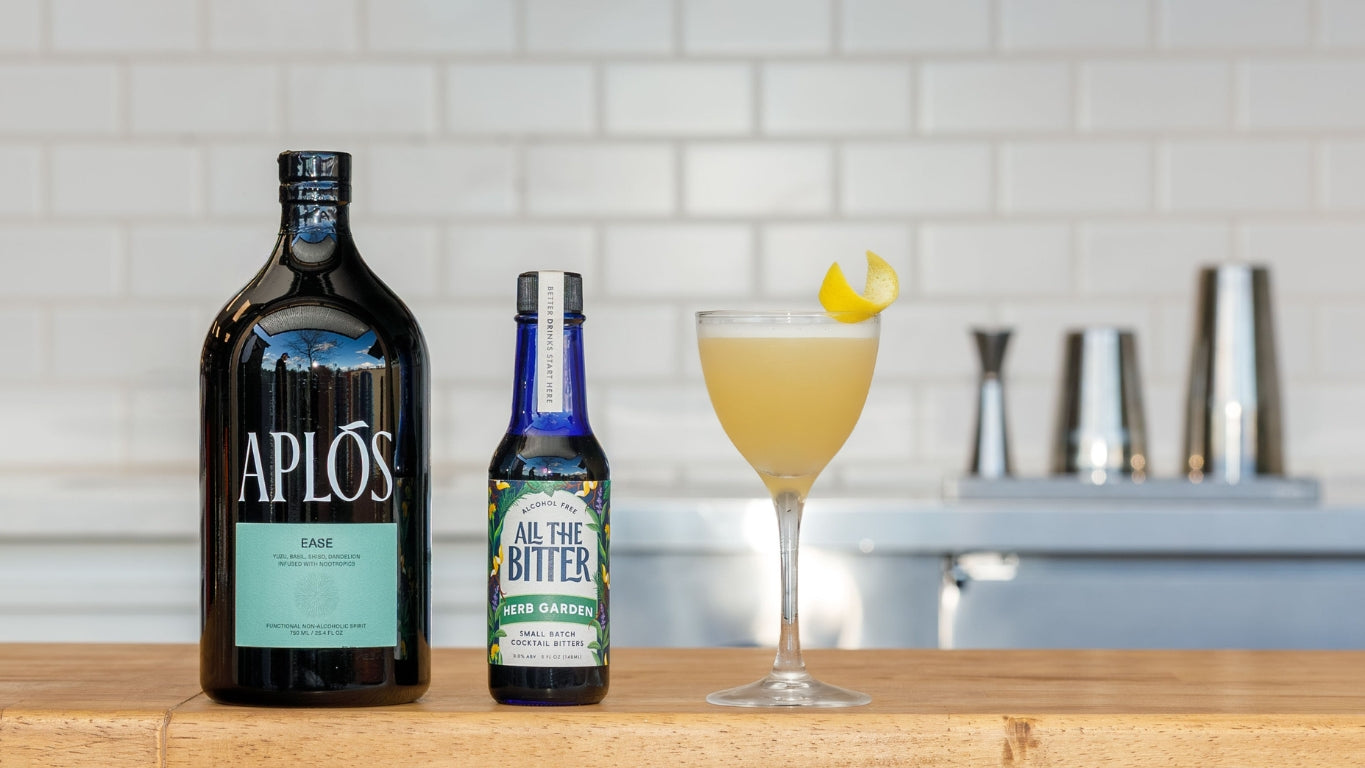 Non-alcoholic sour cocktail made with Aplos Ease and Herb Garden bitters.