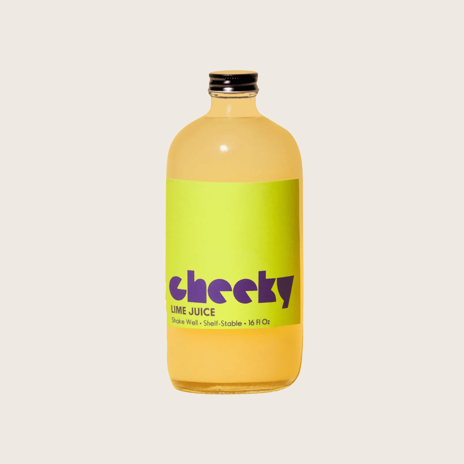 Bottle of 'Cheeky' lime juice on a light beige background style=