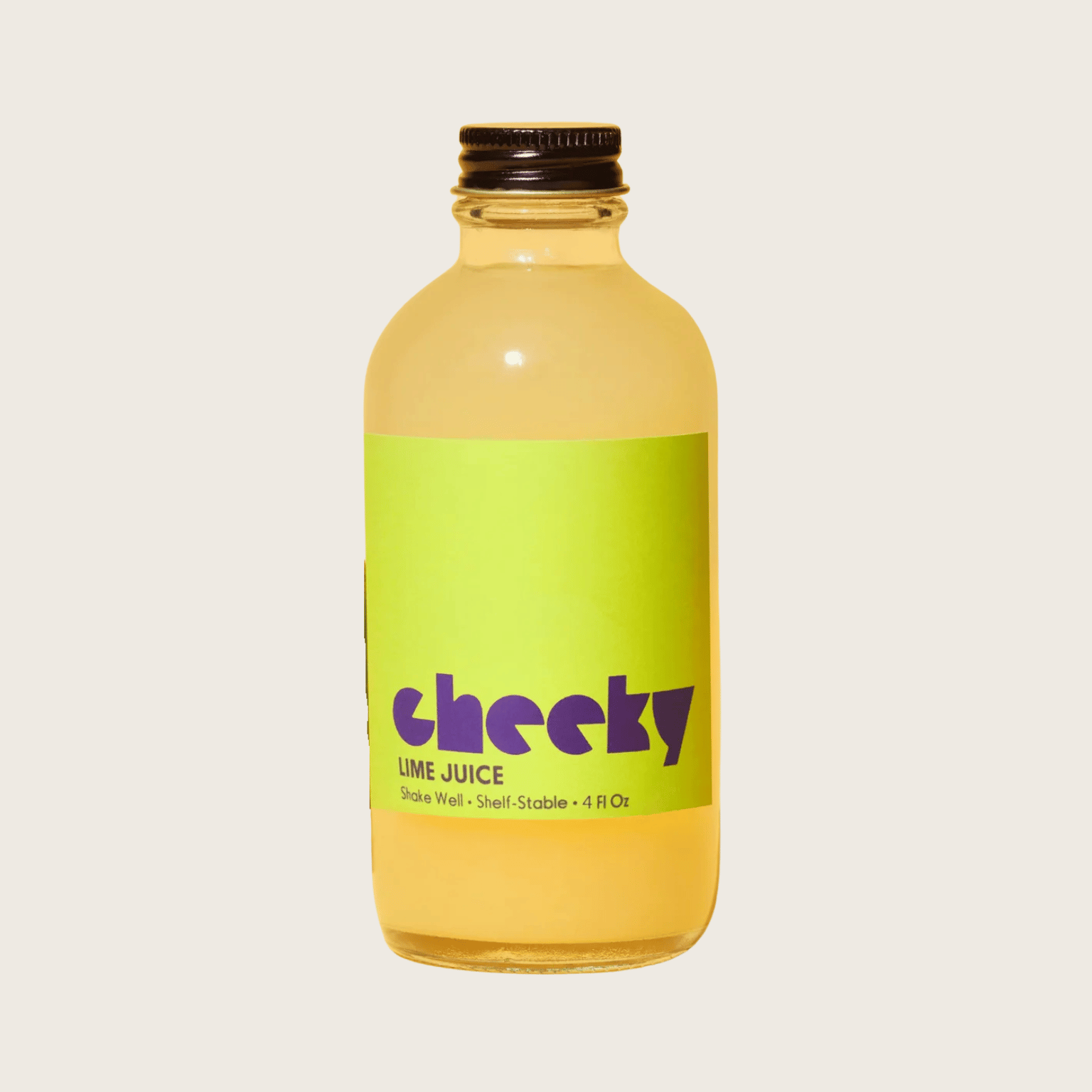 Bottle of cheeky lime juice on a light gray background