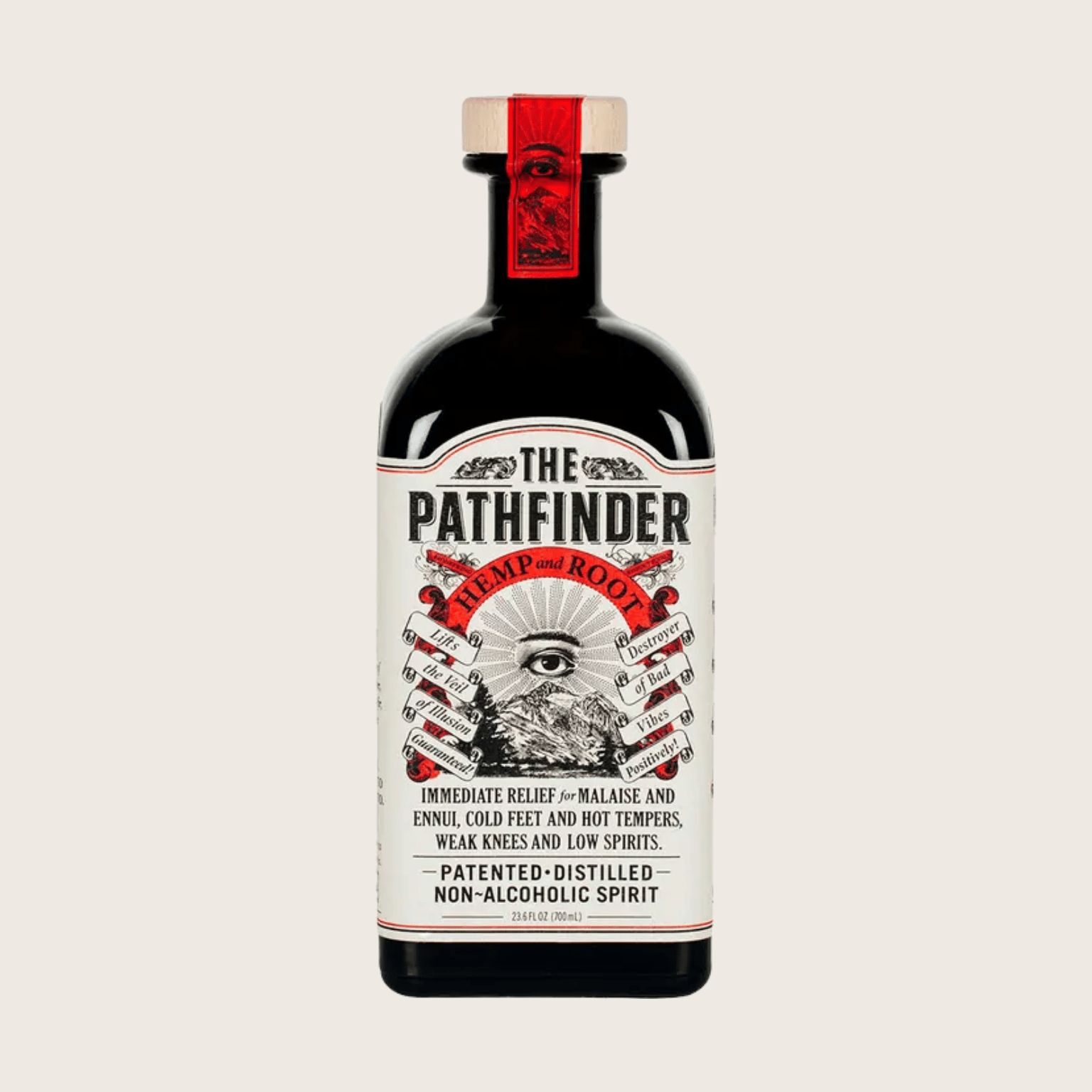 Bottle of 'The Pathfinder' non-alcoholic spirit on a beige background
