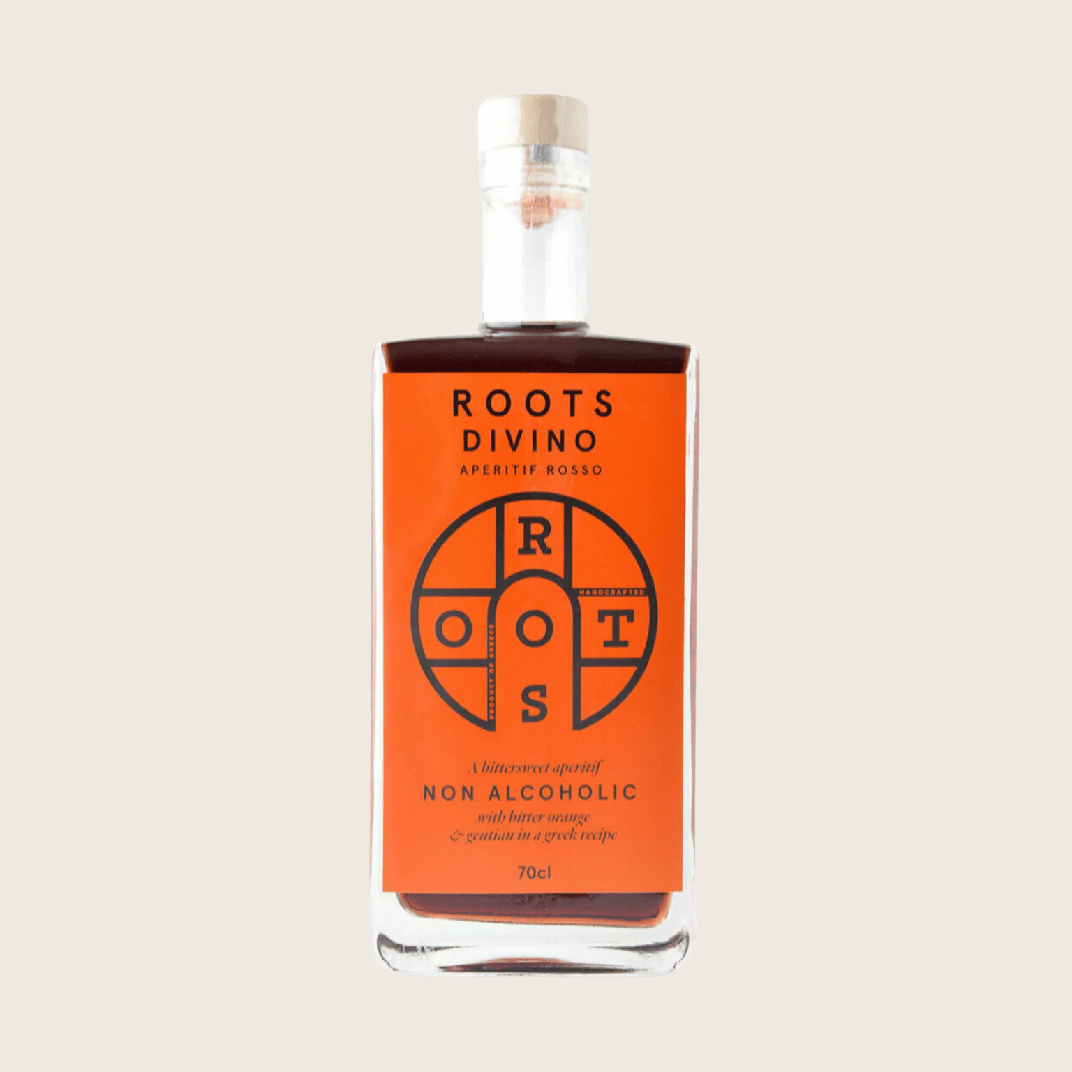 Bottle of Roots Divino non-alcoholic aperitif on a beige background style=